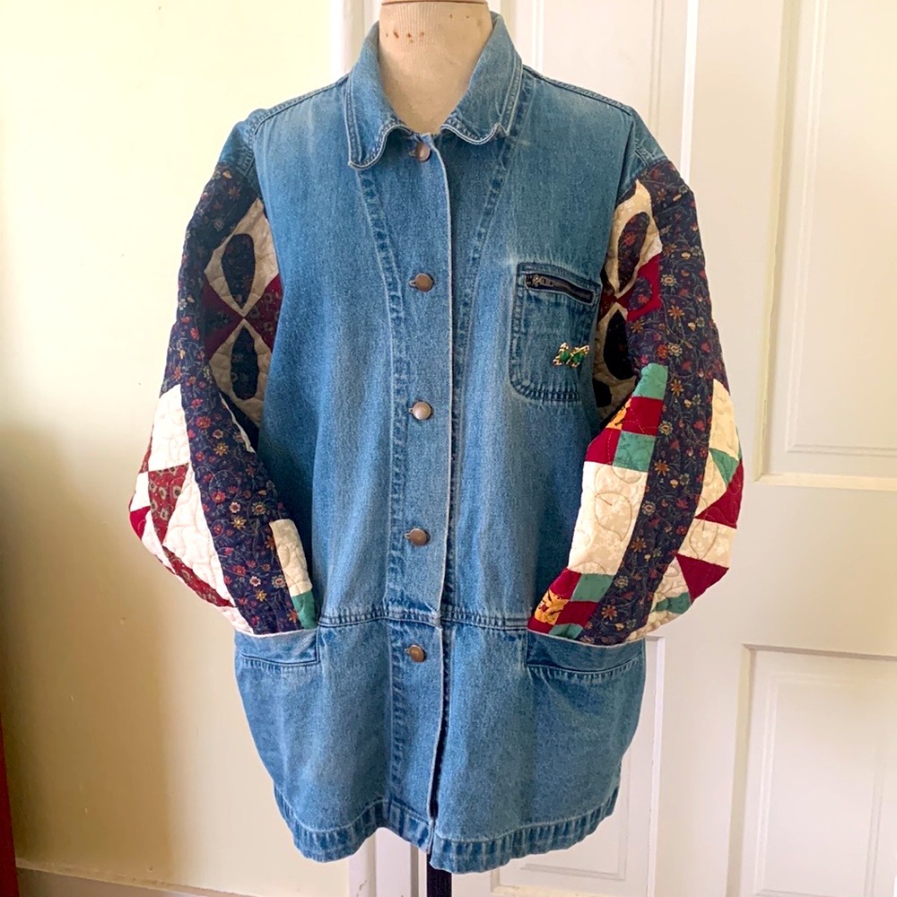 Upcycled Hand Crafted Denim Jacket w/ Quilted Patchwork Sleeves XL Oversized